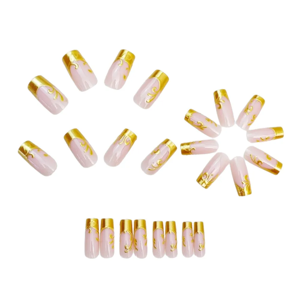Nailhour 24pcs 3D Gold Plated Embossed French Rectangular Decals Press On Nails