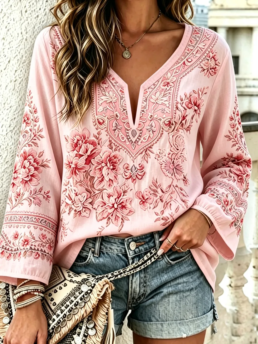 Women's Cotton Linen Vintage Botanical Floral Print T-Shirt