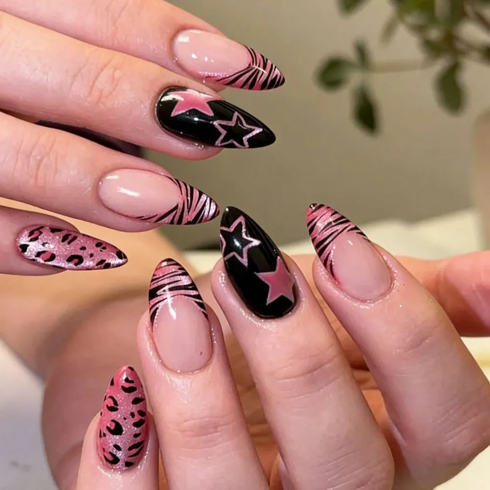Nailhour Pink 24Pcs Cat Eye Almond Leopard Press On Nails