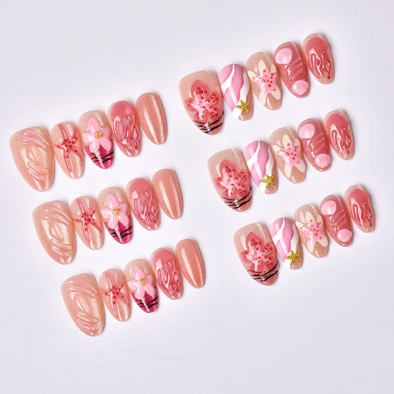 Nailhour 3D Pink Floral 30Pcs Jellyfish Press On Nails
