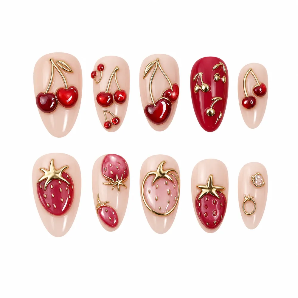 Nailhour 30pcs Nude Date 3D Strawberry Cherry Press On Nails