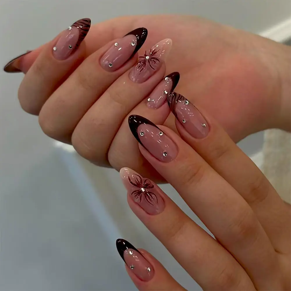 Nailhour 24Pcs French Medium Almond 3D Rhinestone Press On Nails