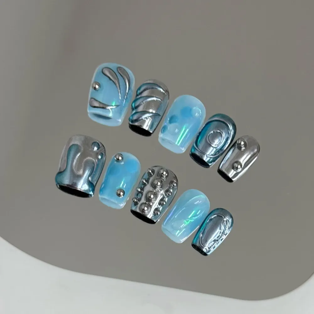 Nailhour 10Pcs Chrome 3D Blue Y2K Handmade Short Coffin Press On Nails