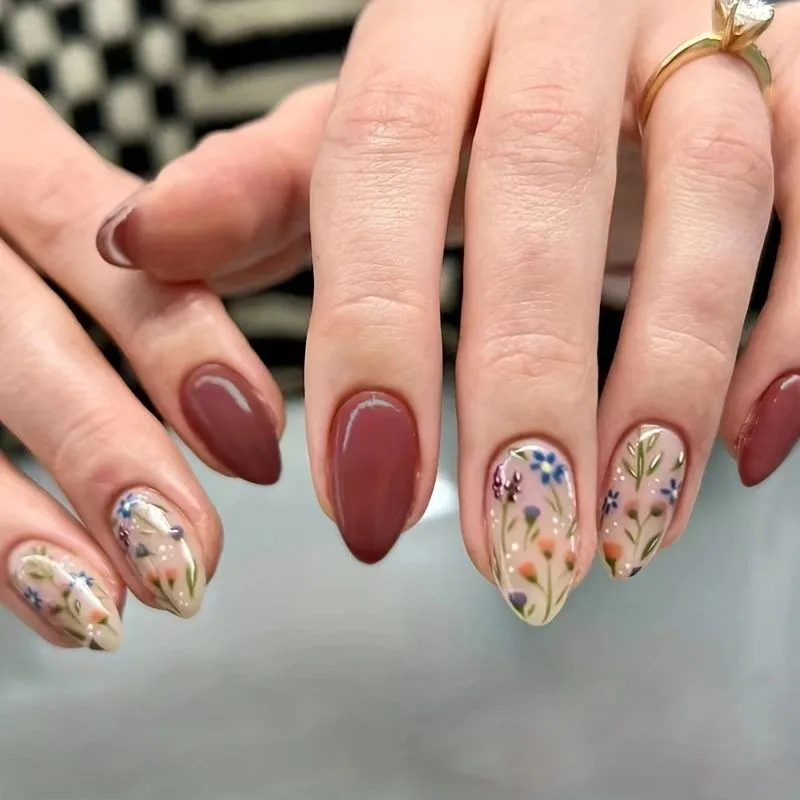 Nailhour Floral 24Pcs Daily Almond Press On Nails for Women