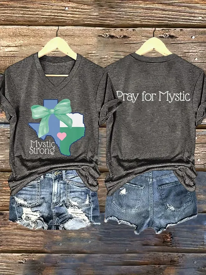 V Neck Retro Texas Strong Green Bow Mystic Strong Pray For Mystic Print T-Shirt