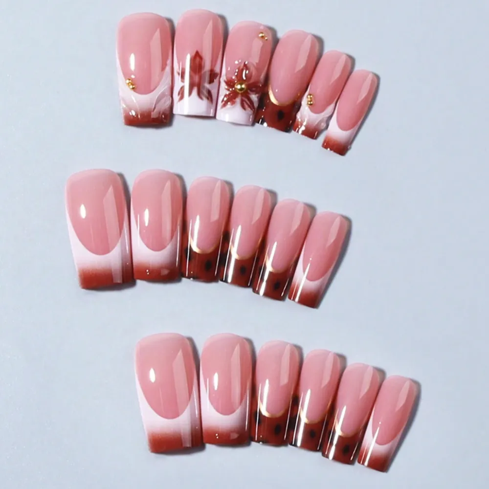 Nailhour 24Pcs French Brown 3D Medium Square Press On Nails