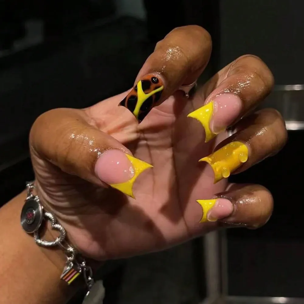 Nailhour 24Pcs Y2K 3D Style Long Duck French Yellow Press On Nails
