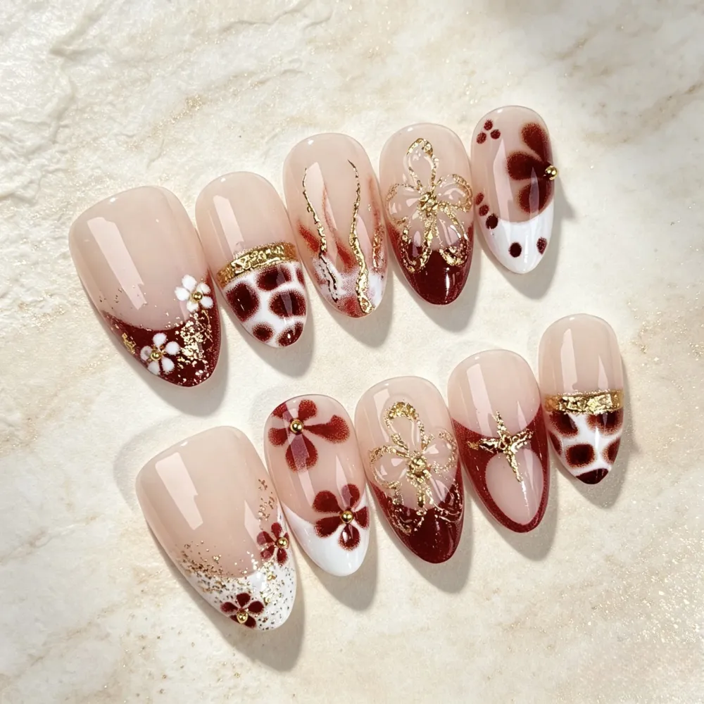 Nailhour 30Pcs Autumn French Gilded Medium Almond Press On Nails