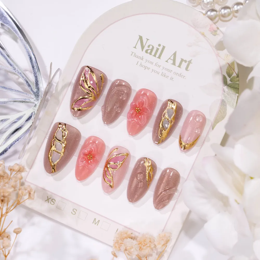 Nailhour 30Pcs Gradient Floral 3D Medium Almond French Press On Nails