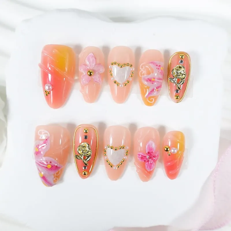 Nailhour 30Pcs Blending 3D Gilded Medium Almond French Press On Nails