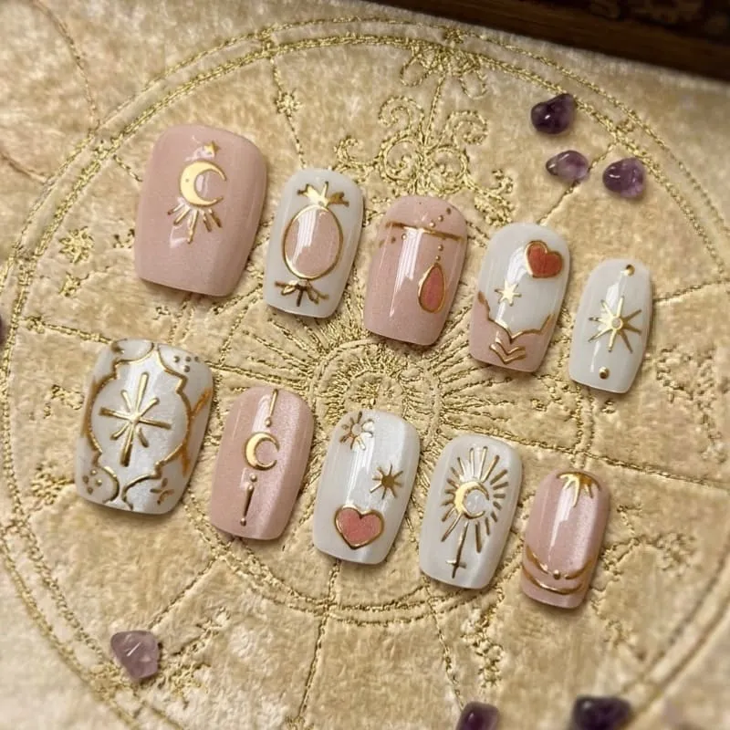 Nailhour 30Pcs Vintage 3D Medium Square French Press On Nails