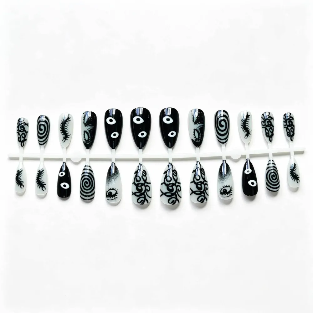 Nailhour 24Pcs Black Gothic Vintage Medium Almond Press On Nails