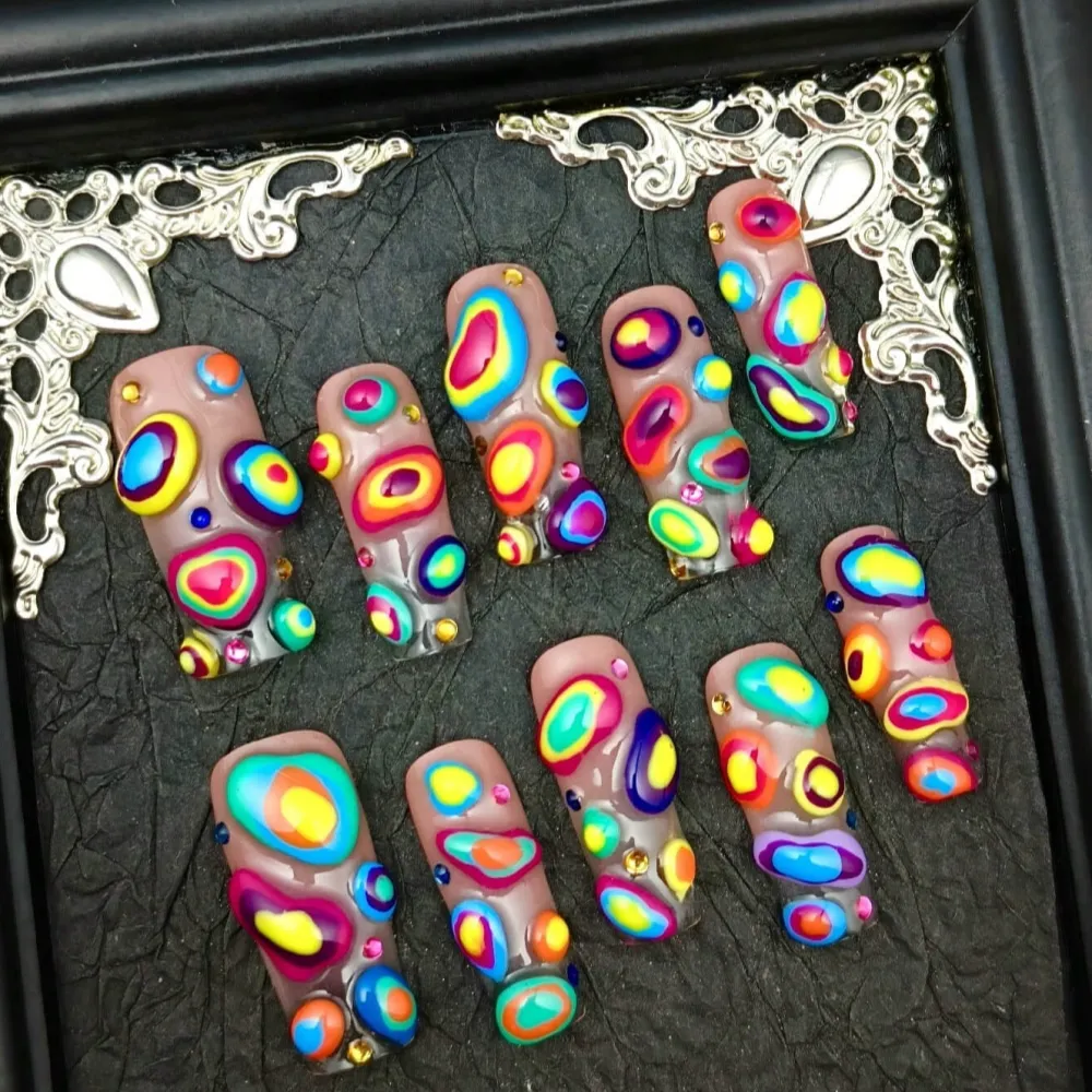 Nailhour 10Pcs Handmade Extra Long Square Y2K Colorful Press On Nails