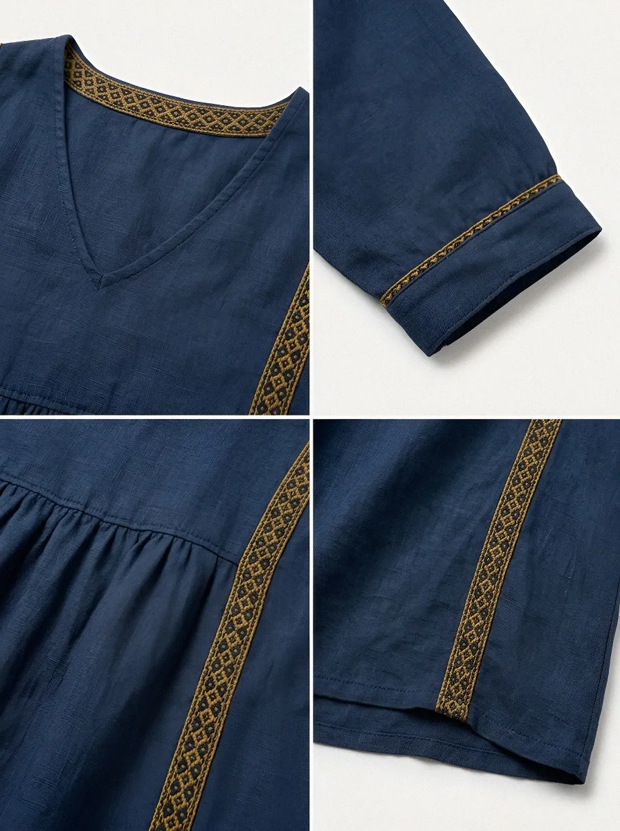 Women's Summer Vacation Navy Blue Embroidered Trim Linen Midi Dress