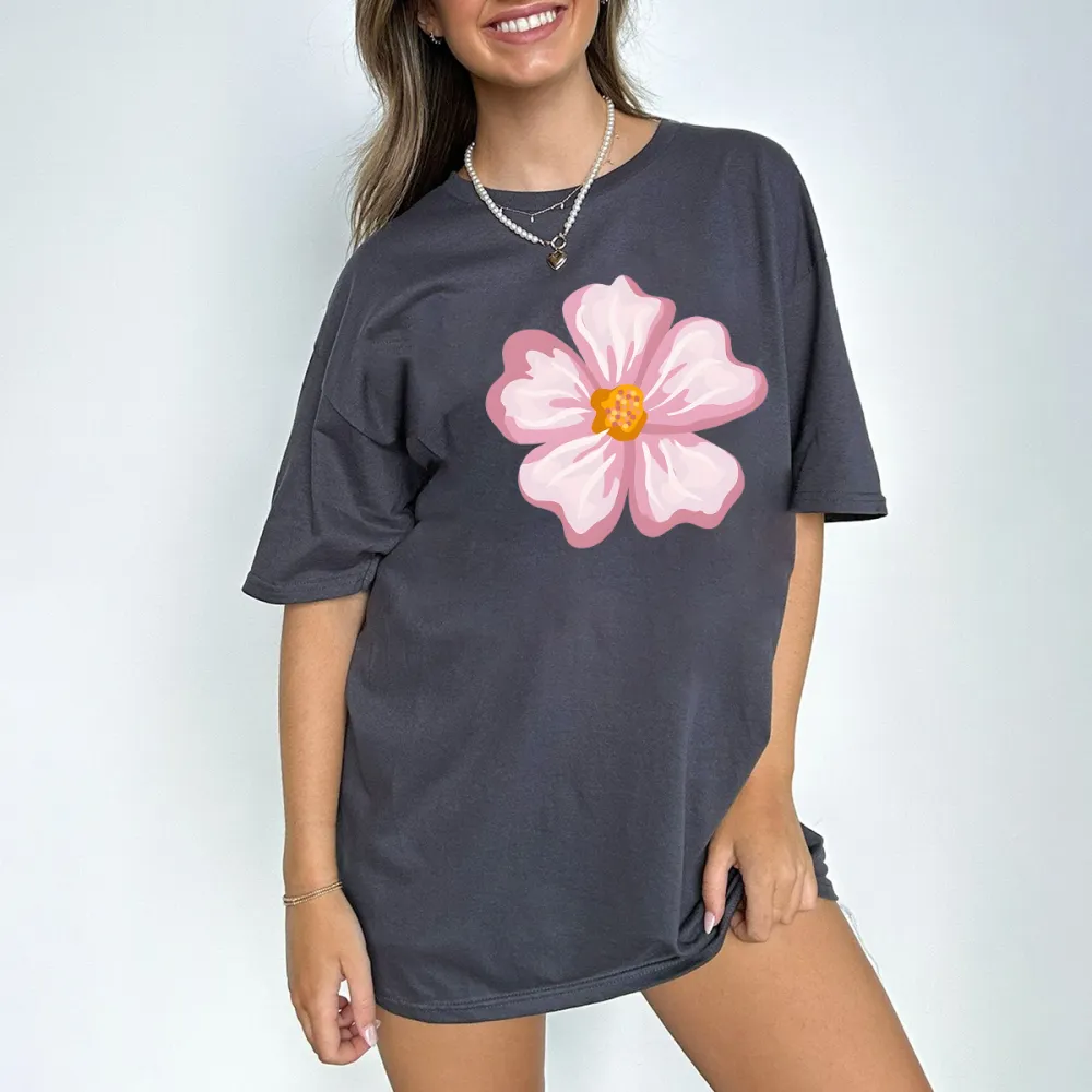 Casual T-Shirt With Pink And White Floral Pattern.