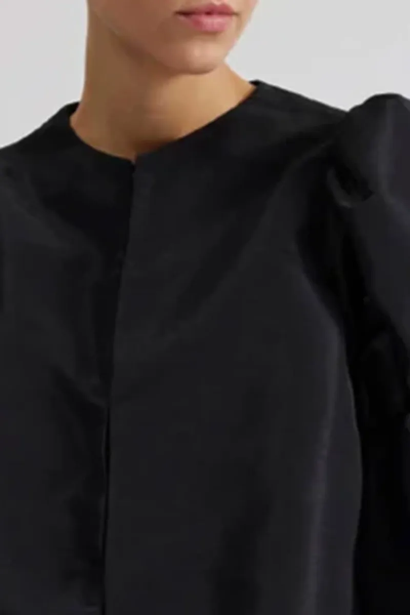 Puff Sleeve Crew Neck Black Blouses