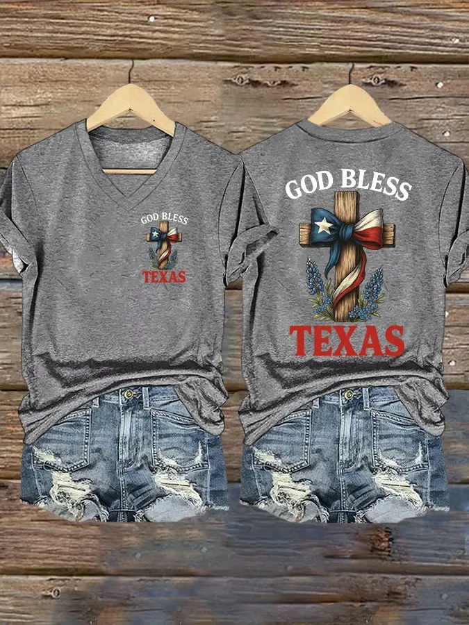 Women's Retro God Bless Texas Cross Print V-Neck T-Shirt
