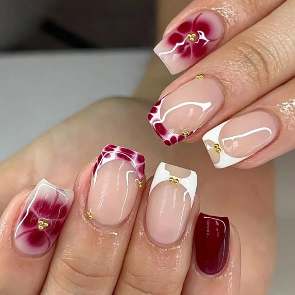Nailhour 24pcs Leopard Petal & Solid Square Almond Short False Nails