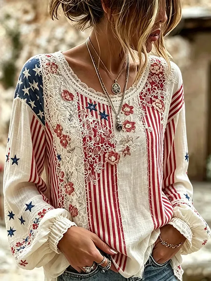 Women'S America Flag Printed Casual Cotton And Linen Top