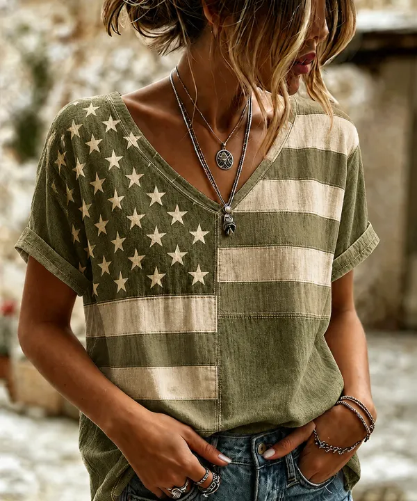 Women'S Retro Independence Day Printed Casual Short Sleeved T-Shirt