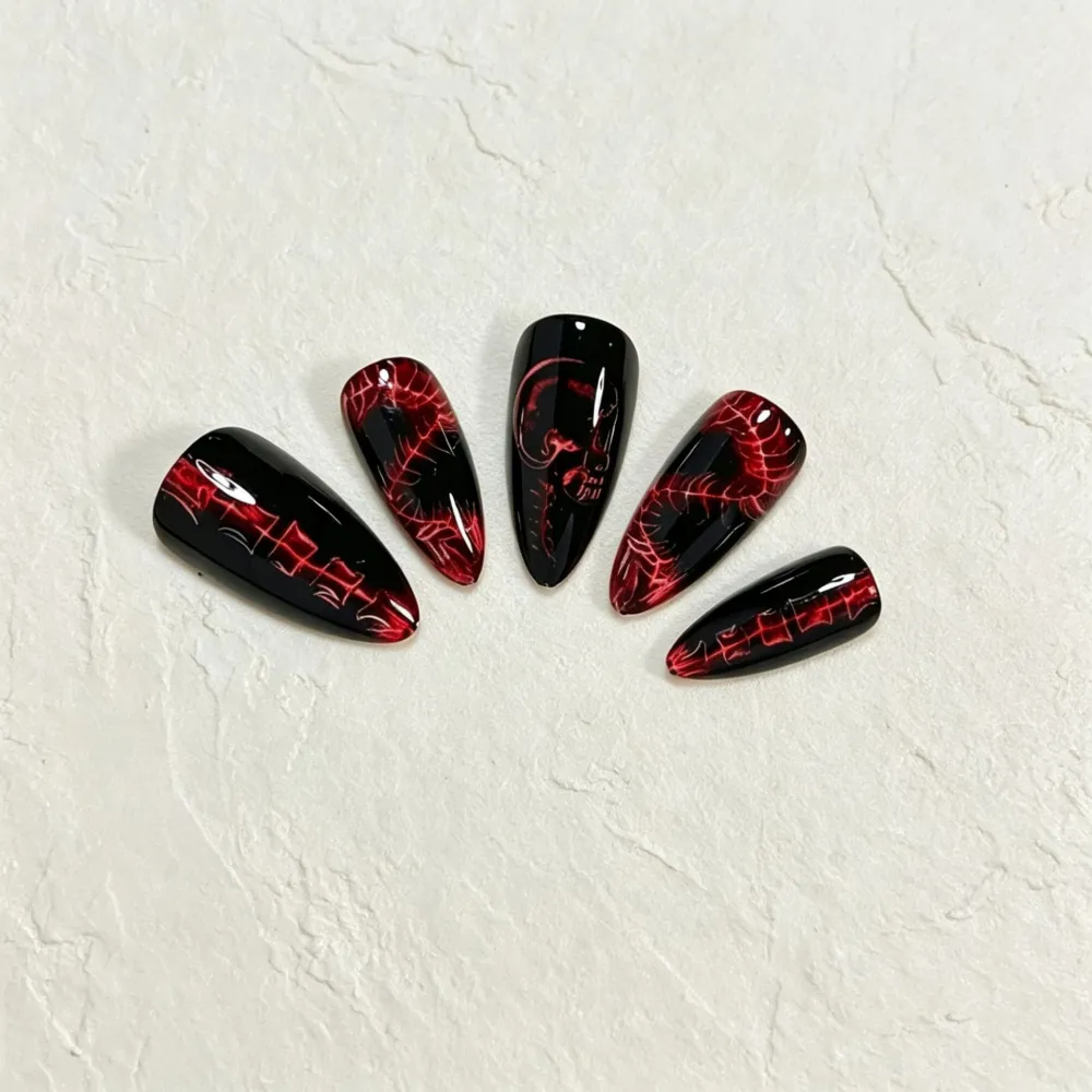 Nailhour 24Pcs Red Halloween Medium Almond Luminous Ghost Press On Nails