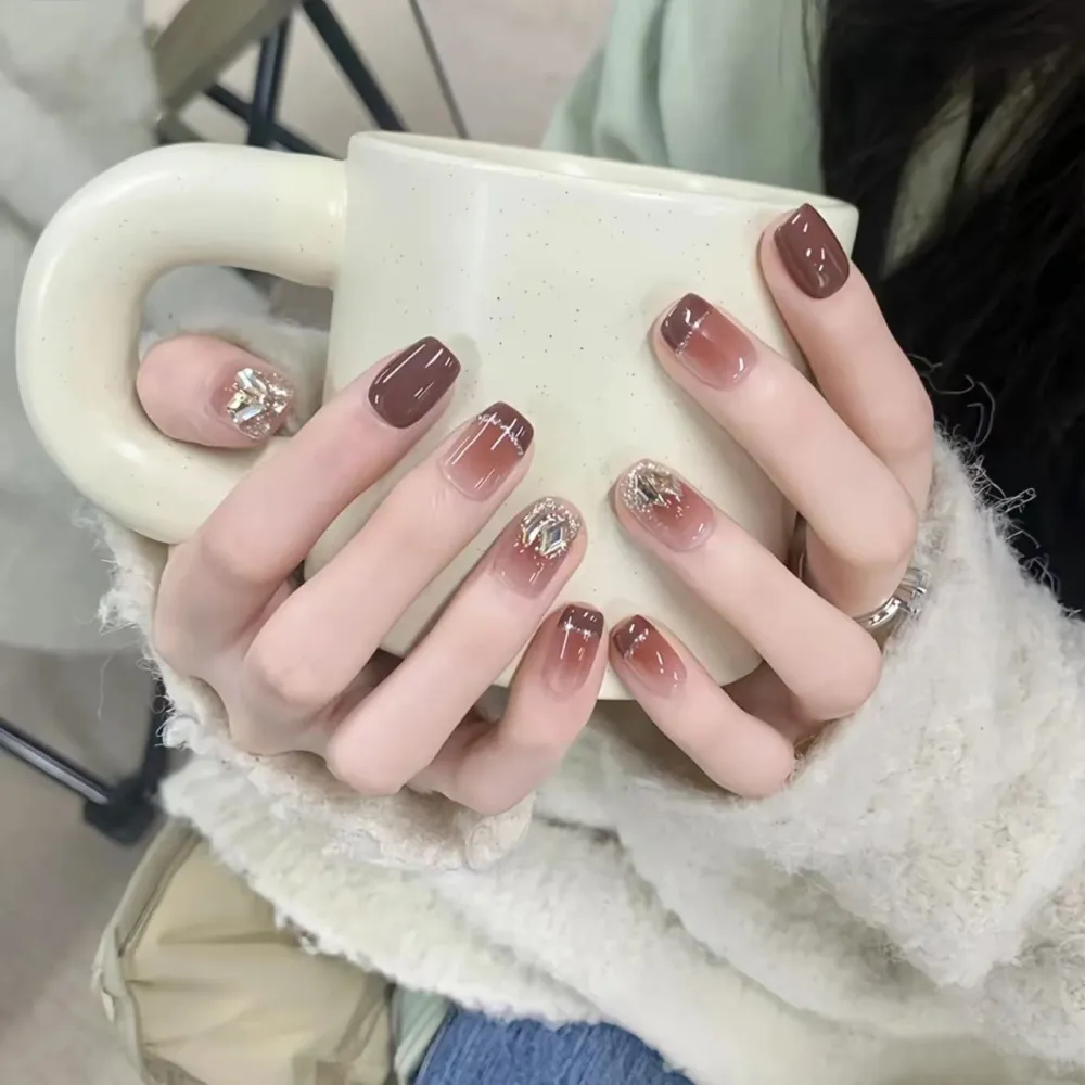 Nailhour 10Pcs French Cat Eye Rhinestone Short Square Press On Nails