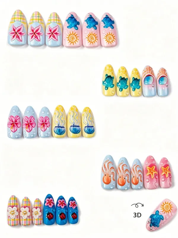 Nailhour 30Pcs Medium Almond Summer Hawaiian 3D Ocean Creatures Press On Nails