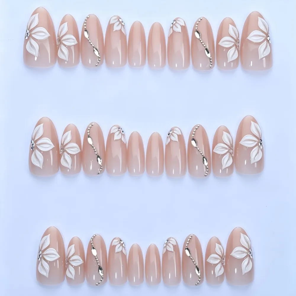 Nailhour 30Pcs Rhinestone 3D French Floral Medium Almond Press On Nails