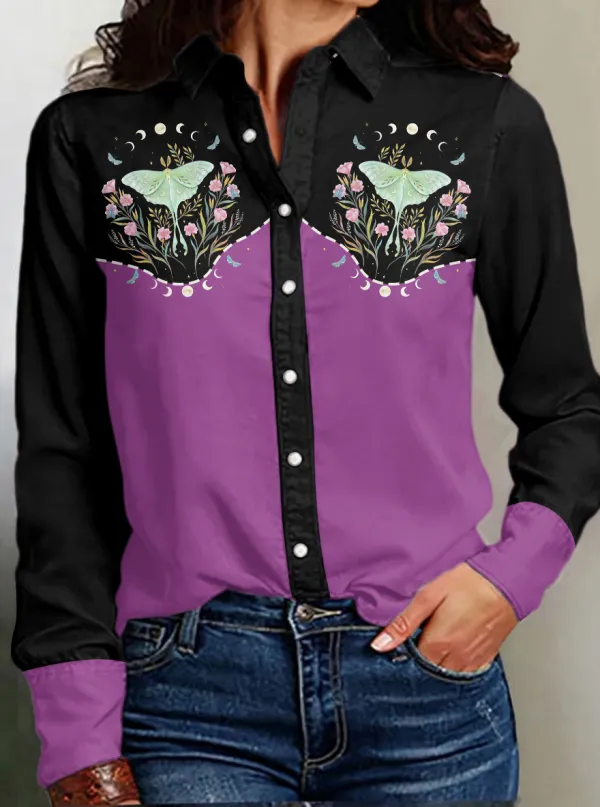Women's Moon Blossom Print Western Long Sleeve Shirt