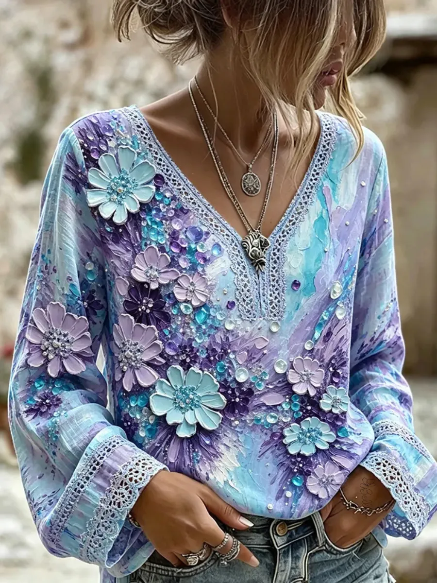 Women's Vintage Abstract Floral Oil Painting Art V Neck Linen T Shirt