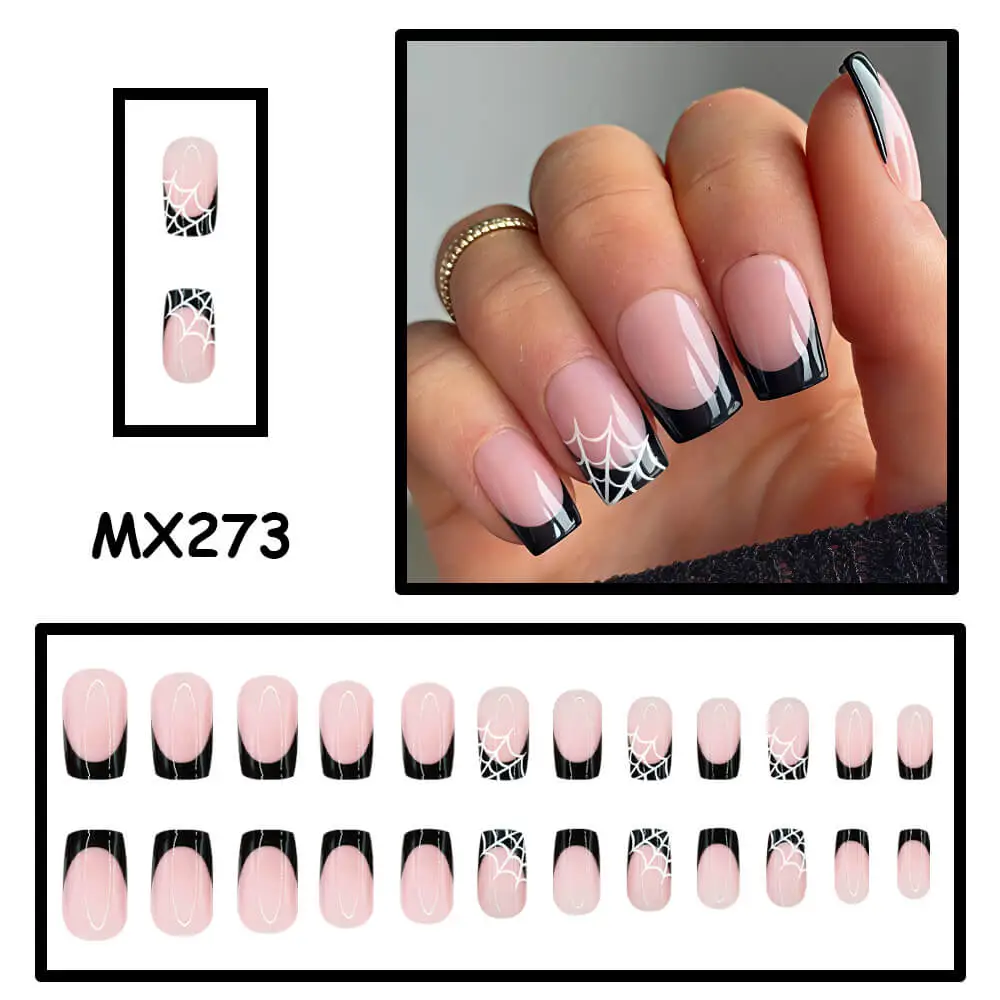 Nailhour 24Pcs Halloween French Short Square Black Spiderweb Press On Nails