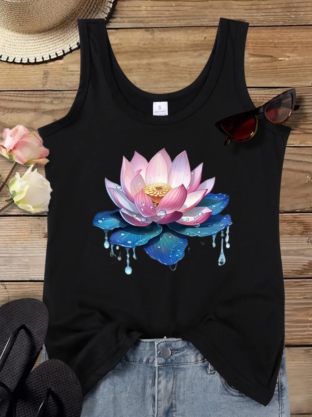 Pink For Lotus With Dew Print Tank Top