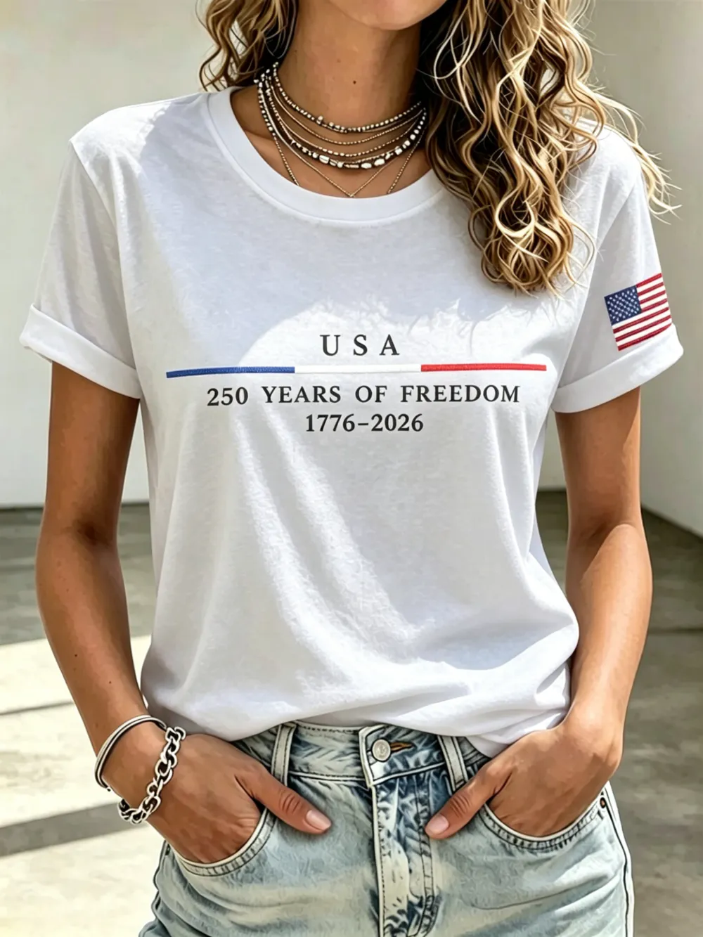 Ladies' Casual American 250Th Anniversary Embroidered Commemorative Round Neck Short Sleeved T-Shirt