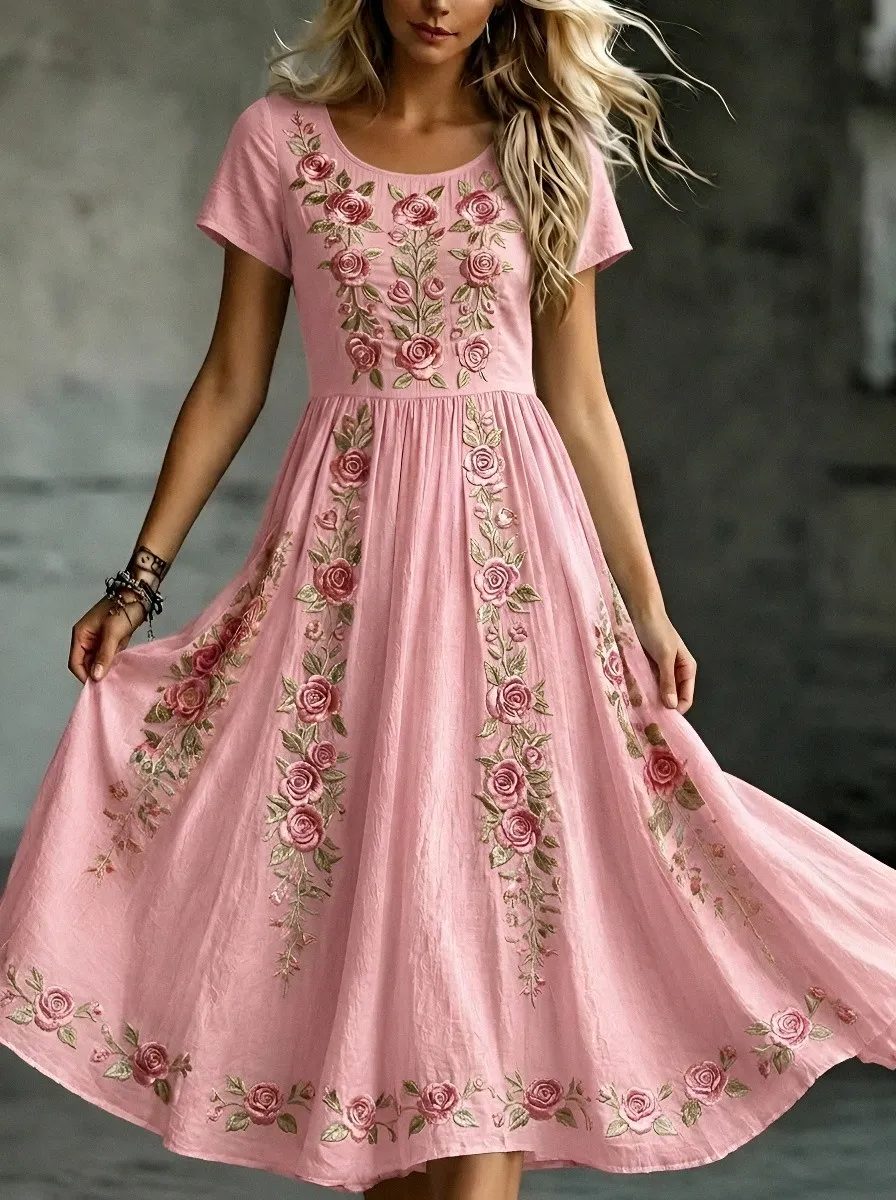 Women's Breast Cancer Awareness Rose Floral Embroidered Printed Dress