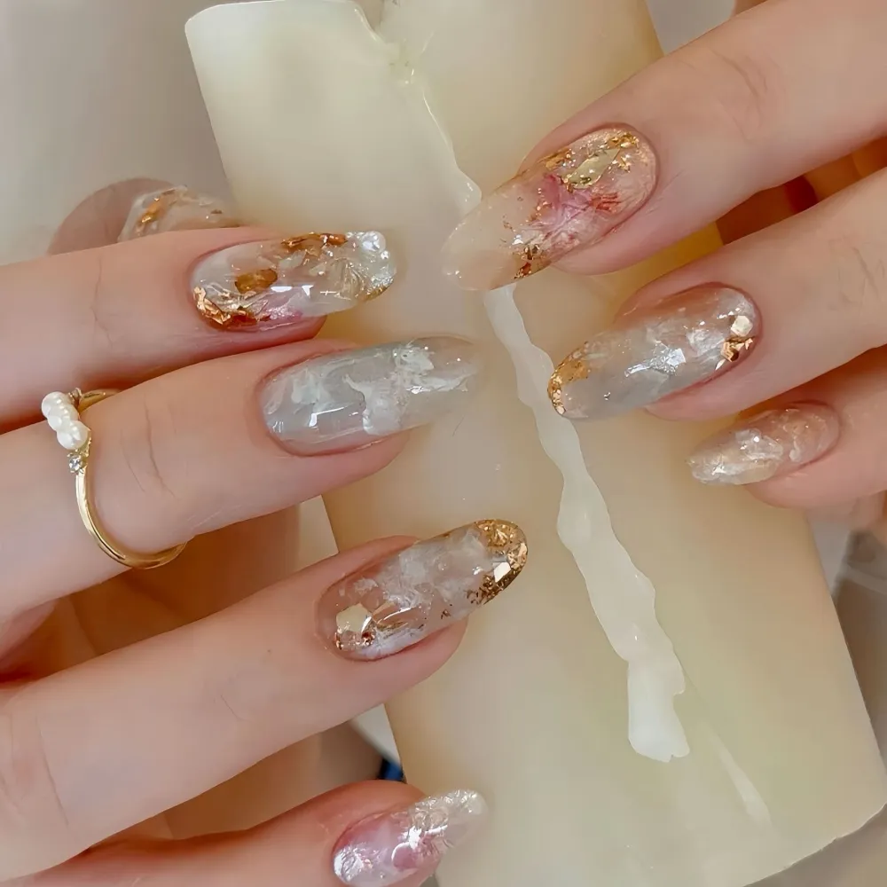 Nailhour 10Pcs Multicolor French Gilded Medium Oval Press On Nails
