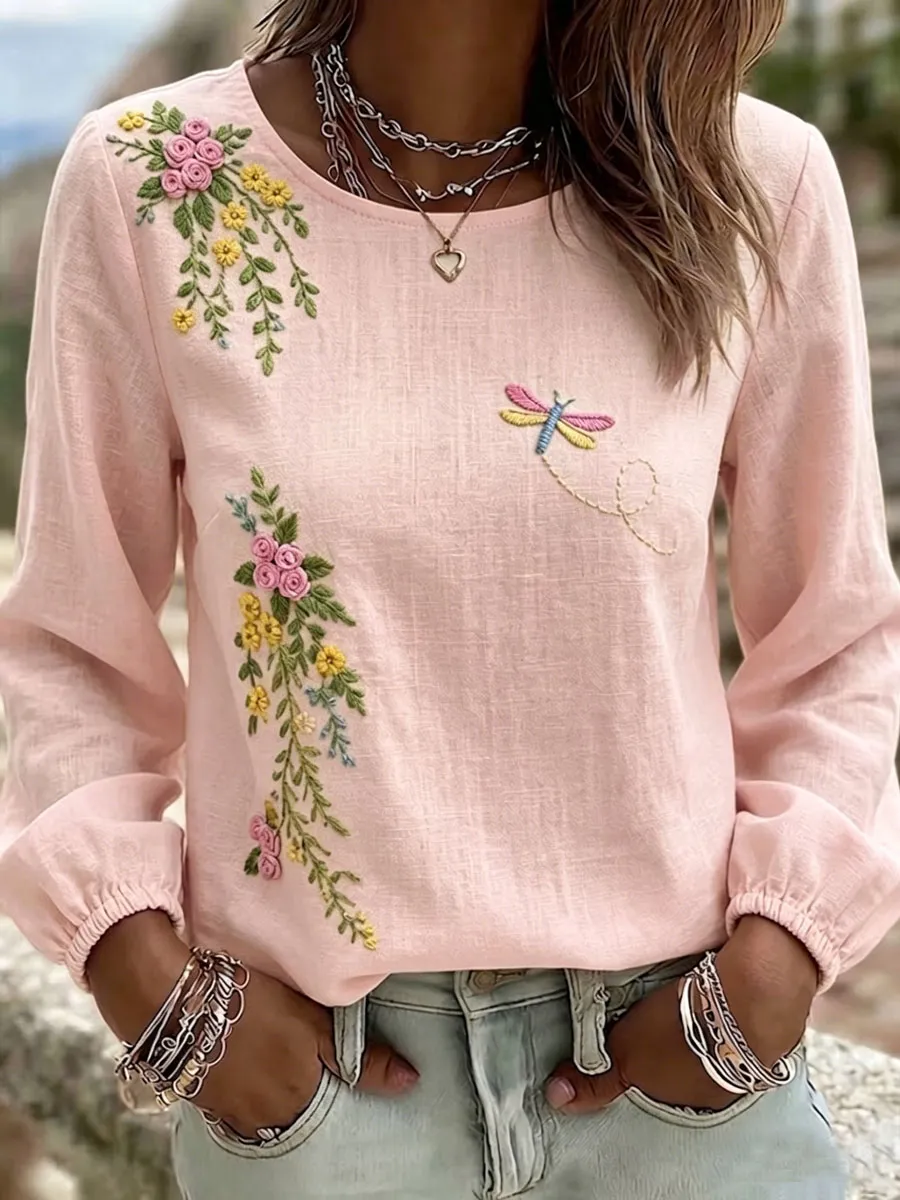 Women'S Casual Floral Print Cotton Linen Top