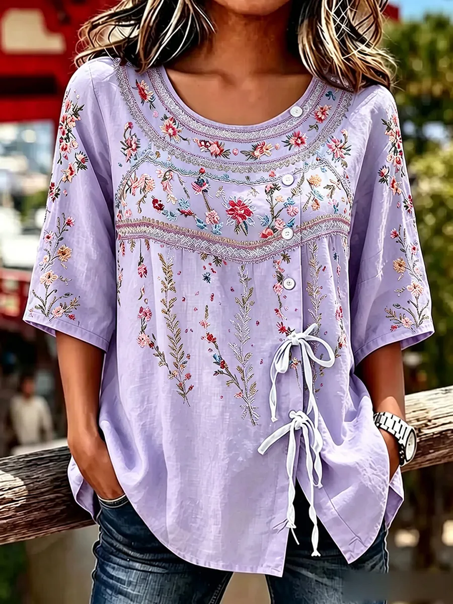 Women's  Floral Embroidered Tie Front 3/4 Sleeve Blouse