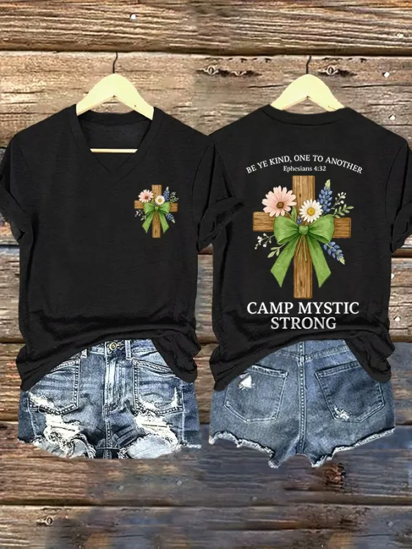 V Neck Retro Texas Strong Green Bow Cross Print T-Shirt