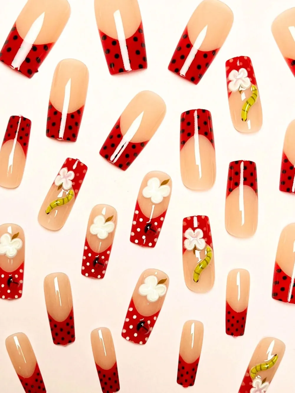 Nailhour Square Polka Dot French Red 24Pcs Daily Press On Nails