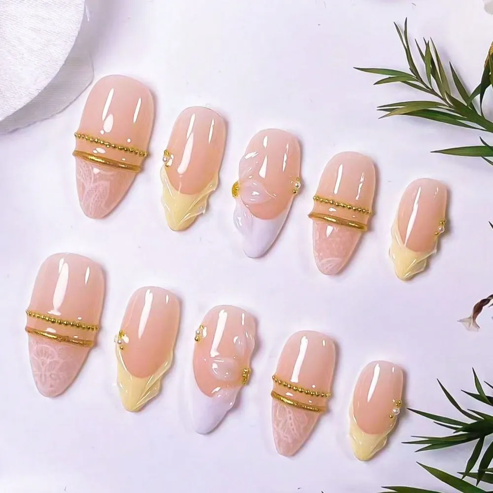 Nailhour 10Pcs Handmade 3D French Gilded  Medium Almond Press On Nails