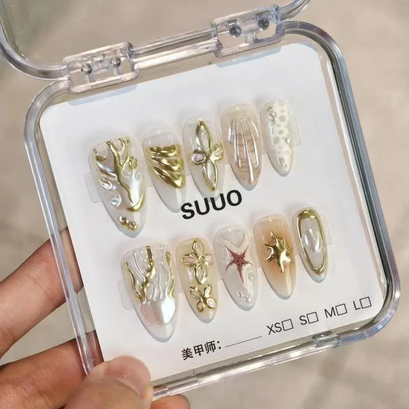 Nailhour 30Pcs Gilded 3D Cat Eye Medium Almond French Press On Nails