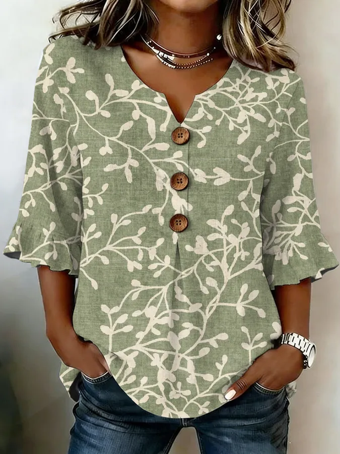 Women's Casual Retro Floral Cotton Linen Shirt