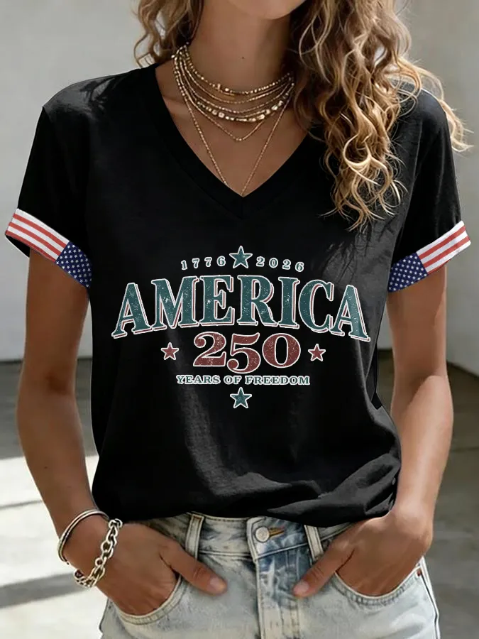Women'S America Flag l Print Casual V-Neck T-Shirt