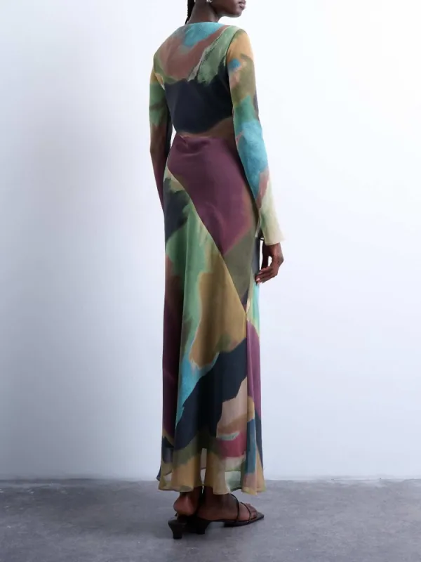 Contrast Color Printed Boat Neck Dress