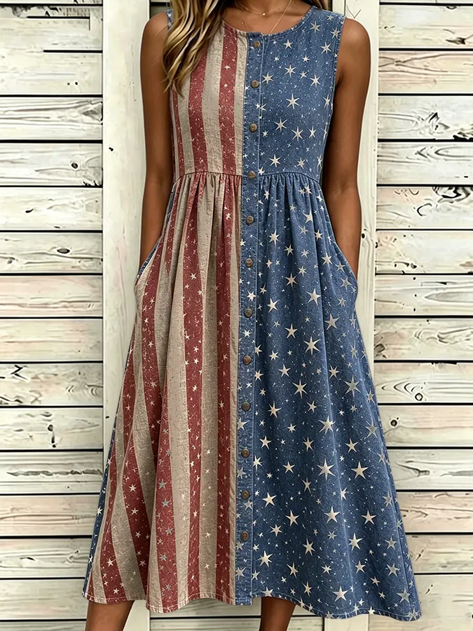 Women'S Casual Sleeveless Round Neck National Flag Floral Print Dress