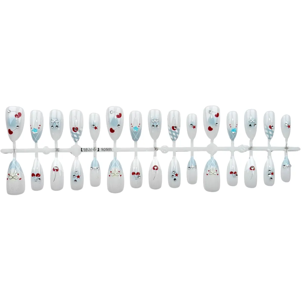 Nailhour 30Pcs Blue Cherry 3D Medium Almond French Press On Nails