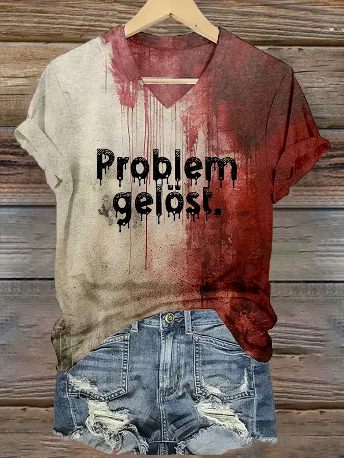 Women's Bloody Problem Solved Halloween Print V-Neck T-Shirt