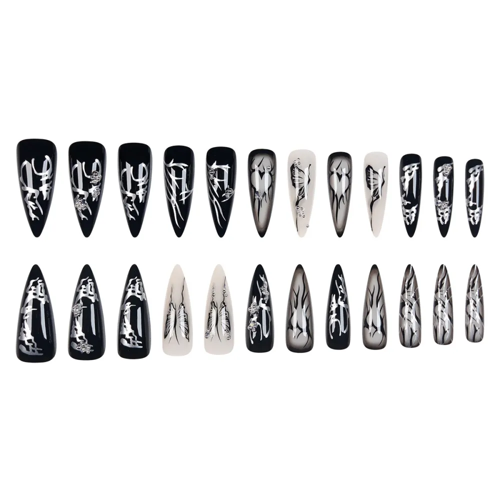 Nailhour 24Pcs Gothic Halloween Party Long Stiletto Press On Nails