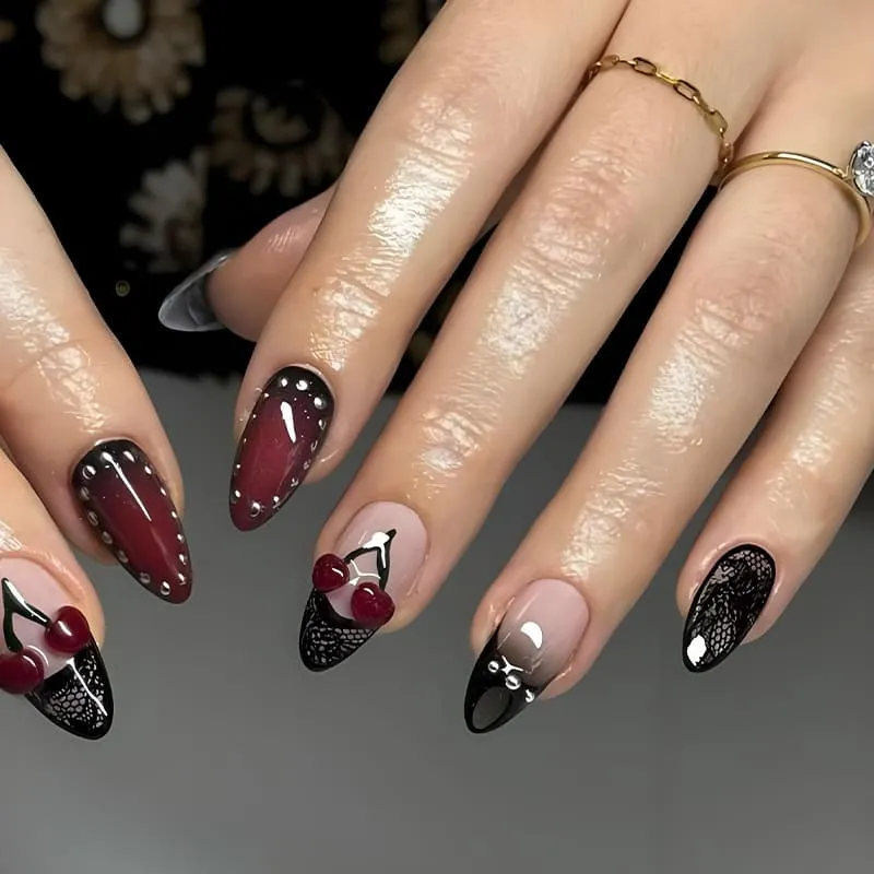 Nailhour 24Pcs Black & Red Gradient 3D Medium Almond French Press On Nails