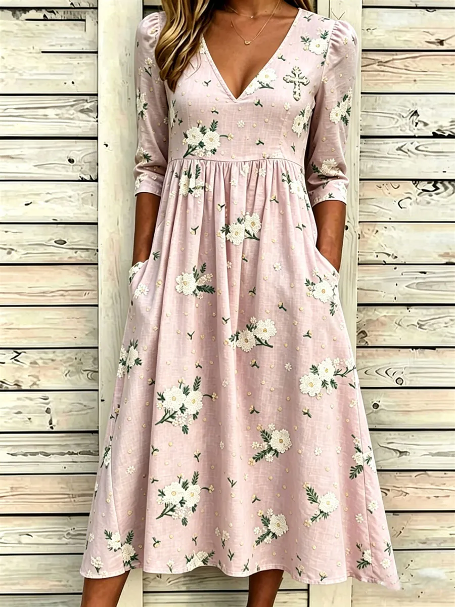 Women'S Cotton And Linen Casual Printed Loose Dress